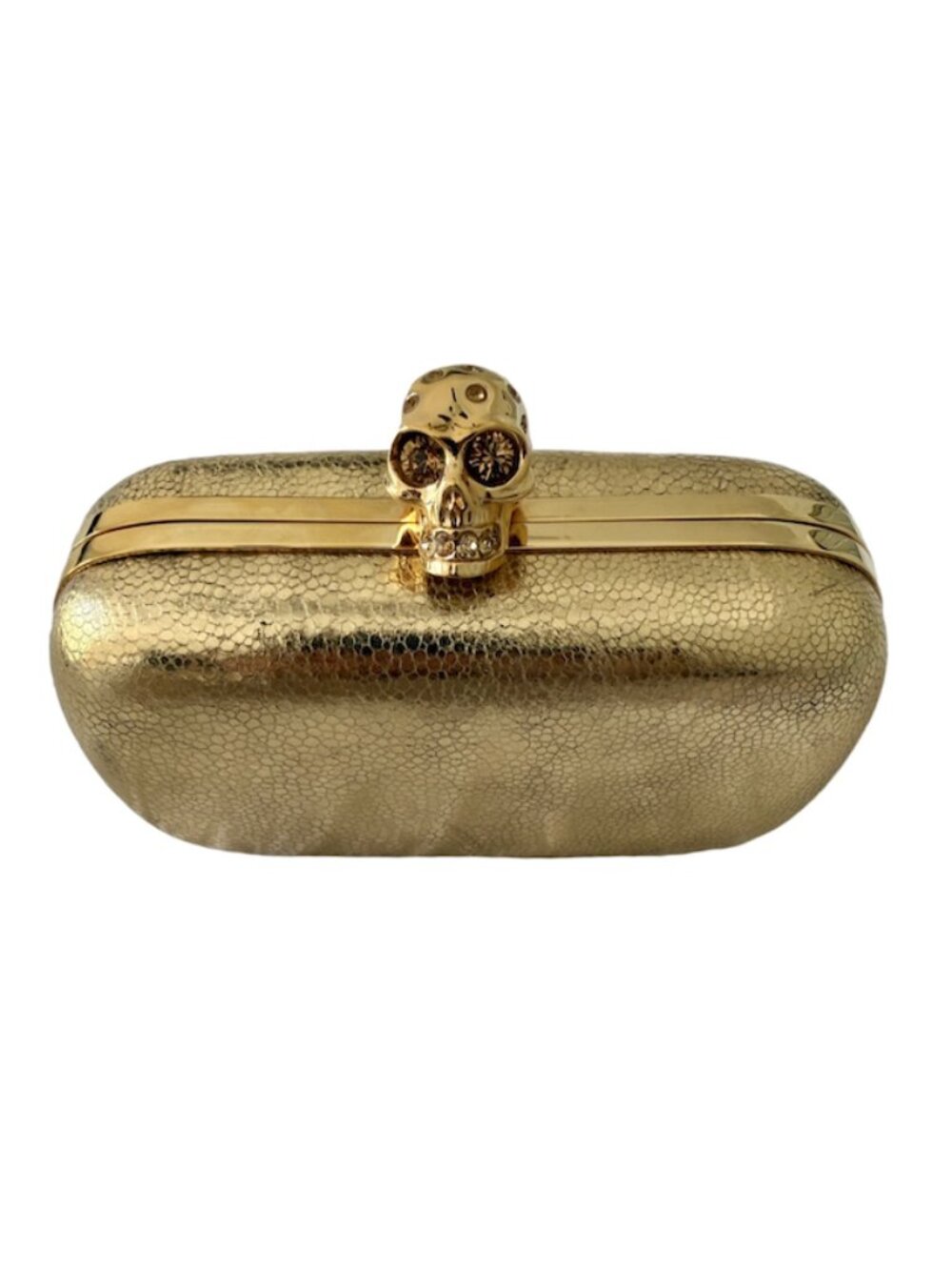 Authentic Alexander McQueen Metallic Gold Nappa Skull Box Clutch